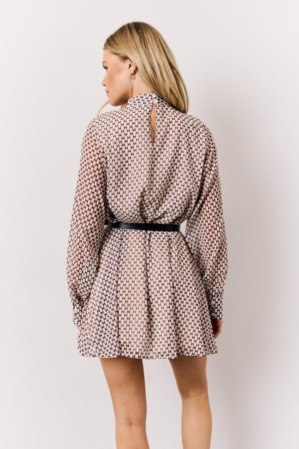 In The Style In The Style Cream Geometric Print Chiffon High Neck Mini Swing Dress Cream