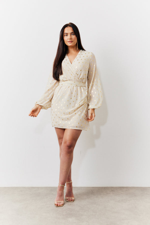 in the style In the Style Cream Gold Fleck Detail Belted Mini Dress Cream