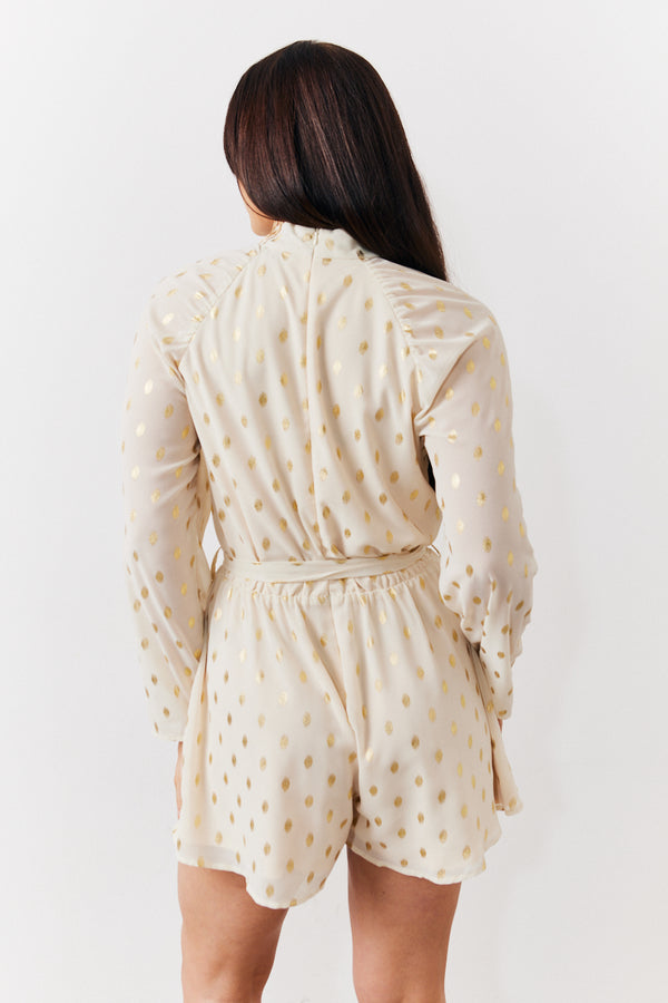 In The Style In The Style Cream Gold Fleck Detail High Neck Belted Playsuit Cream