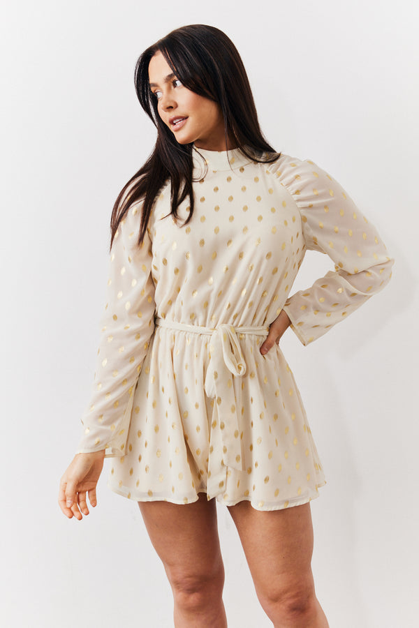 in the style In the Style Cream Gold Fleck Detail High Neck Belted Playsuit Cream
