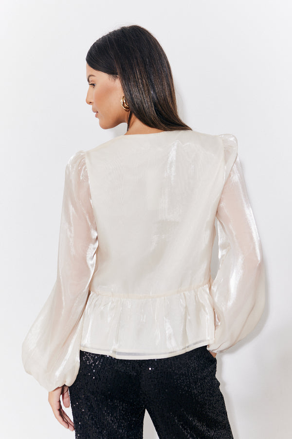 In The Style In The Style Cream Organza Tie Front Puff Sleeve Top Cream