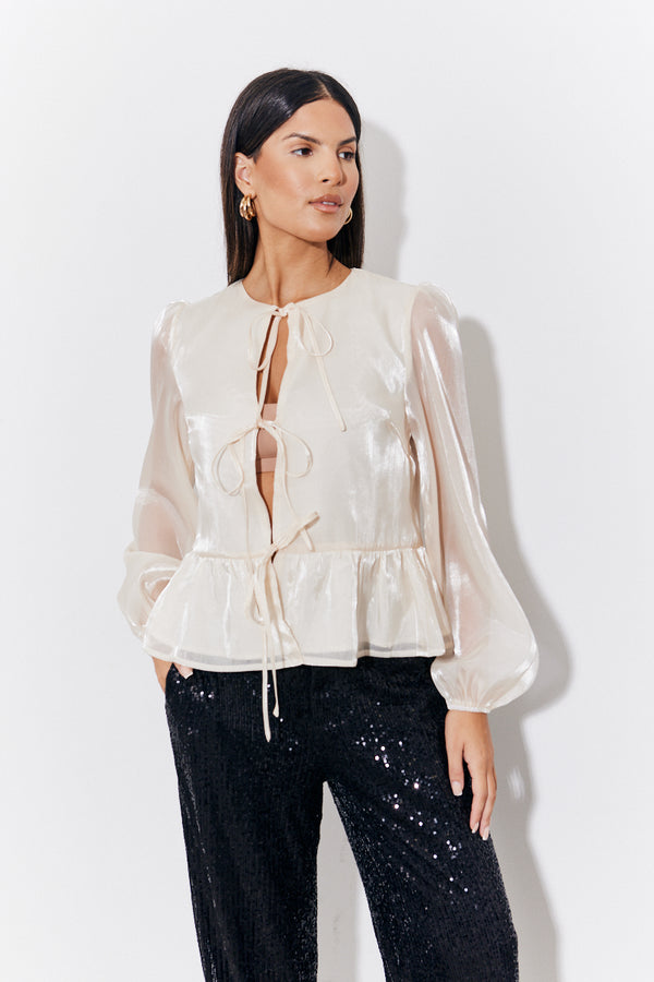 in the style In the Style Cream Organza Tie Front Puff Sleeve Top Cream