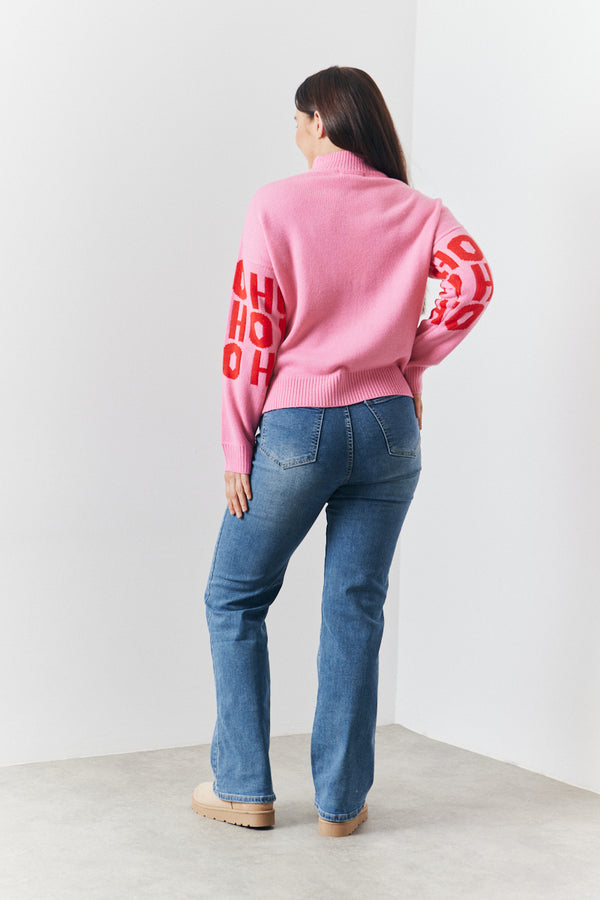 In The Style In The Style Crew Neck 'Ho Ho Ho' Slogan Knitted Jumper Pink