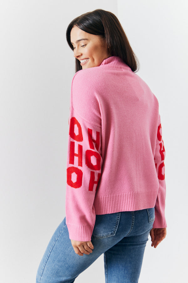 In The Style In The Style Crew Neck 'Ho Ho Ho' Slogan Knitted Jumper Pink