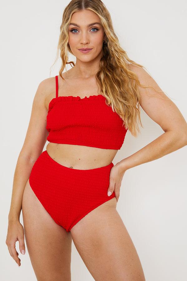 in the style In the Style Crinkle High Waist Bikini Bottoms Red