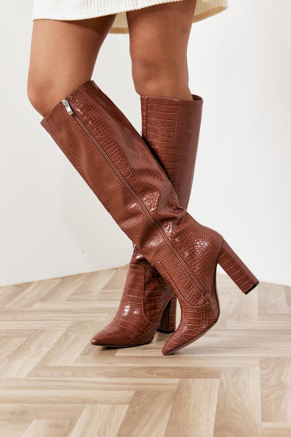 In The Style In The Style Croc Knee High Boots Brown