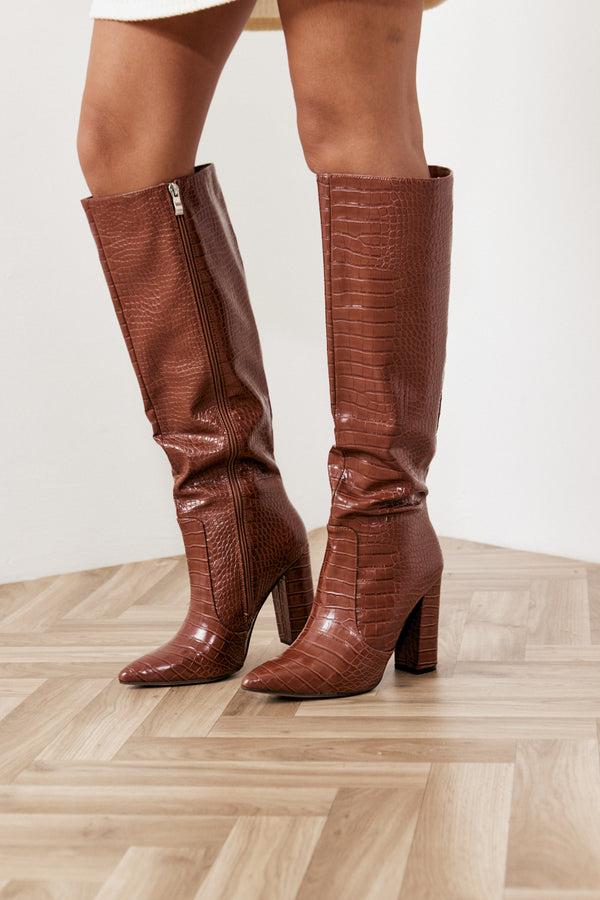in the style In The Style Croc Knee High Boots Brown