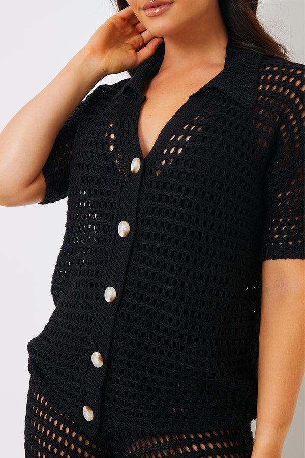 In The Style In The Style Crochet Button Down Co-Ord Shirt Black