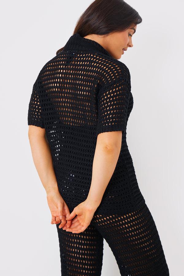 In The Style In The Style Crochet Button Down Co-Ord Shirt Black