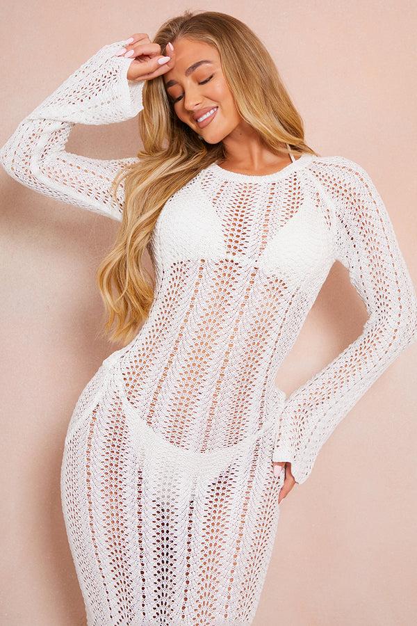 In The Style In The Style Crochet Flare Sleeve Midaxi Dress White