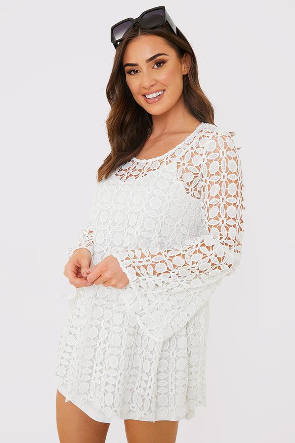in the style In the Style Crochet Fluted Sleeve Mini Dress White