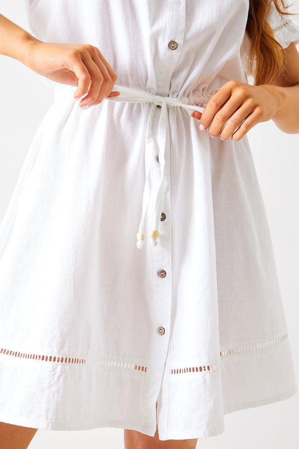 In The Style In The Style Crochet Insert Linen Look Button Through Mini Dress White