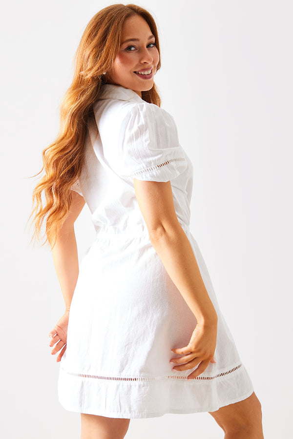 In The Style In The Style Crochet Insert Linen Look Button Through Mini Dress White