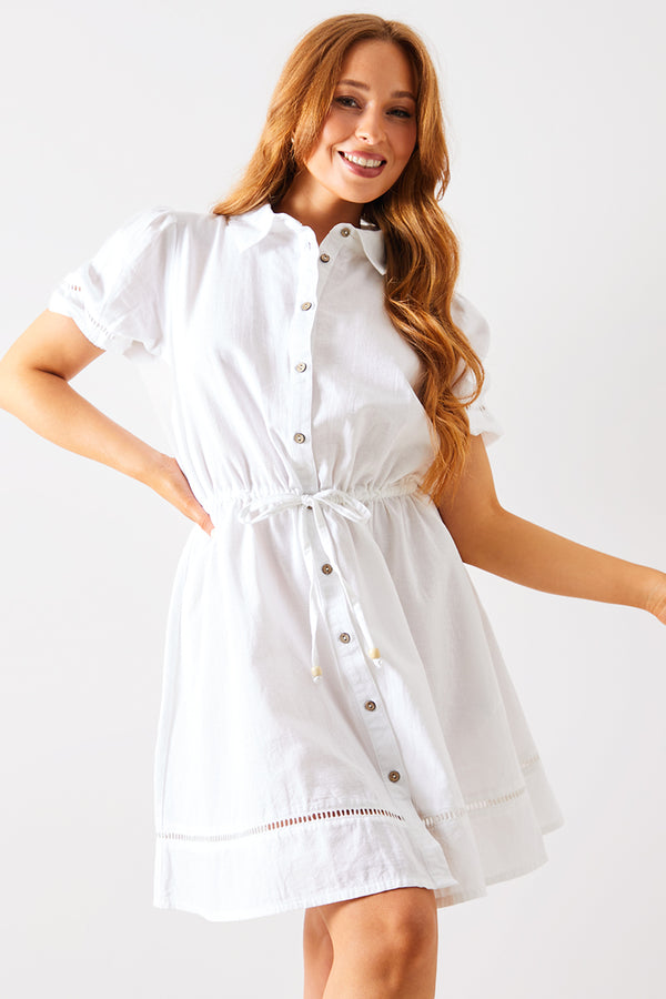 in the style In The Style Crochet Insert Linen Look Button Through Mini Dress White