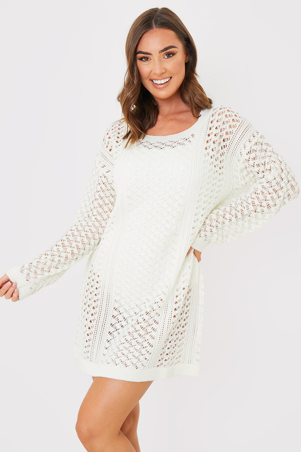 In The Style In The Style Crochet Knitted Mini Dress Cream