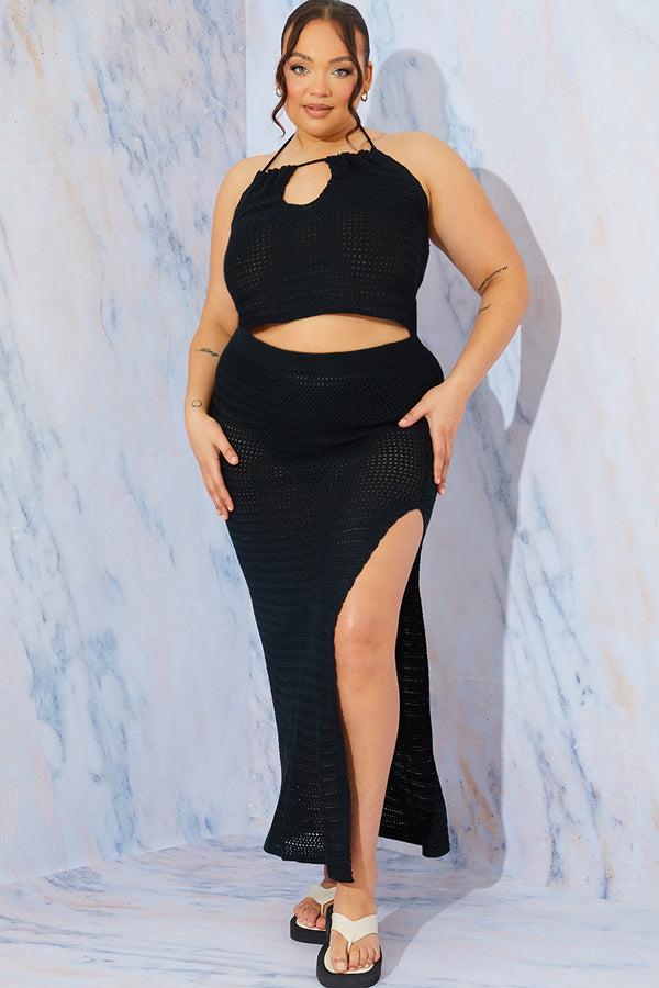 In The Style In The Style Crochet Maxi Skirt With Split Black
