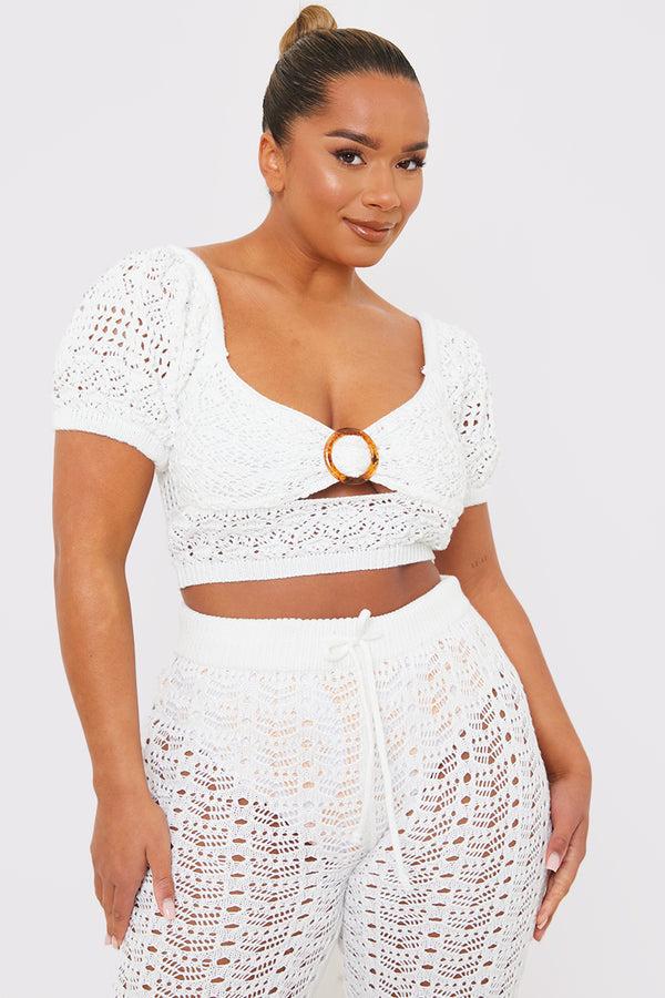 In The Style In The Style Crochet Puff Sleeve Crop Top White