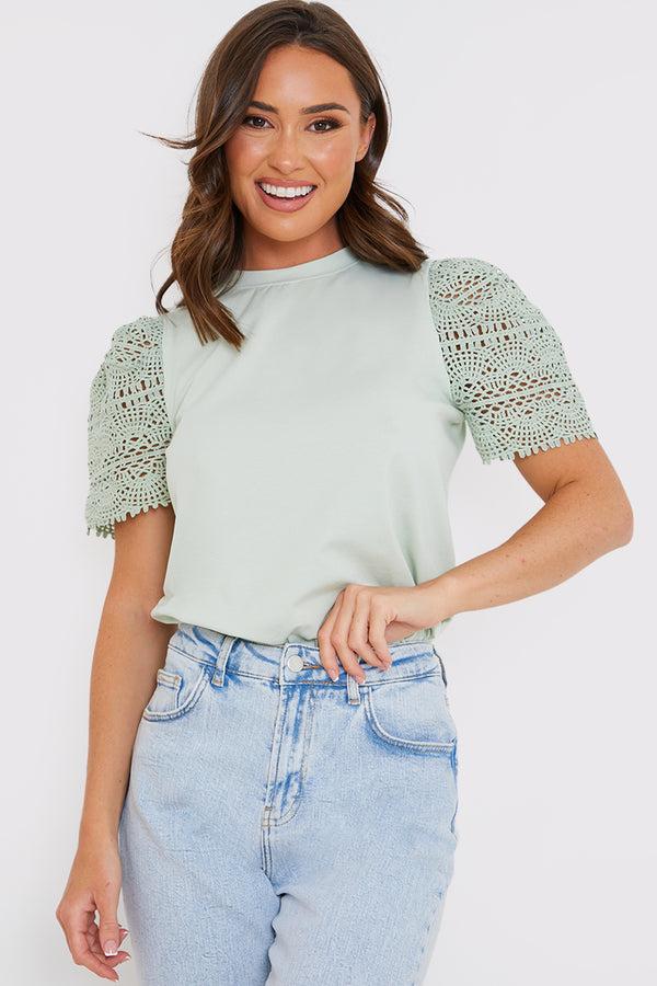 In The Style In The Style Crochet Sleeve T-Shirt Sage