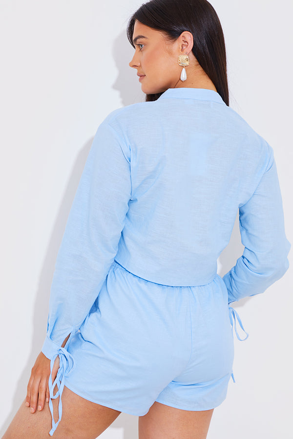 In The Style In The Style Cropped Tie Front Linen Look Co-Ord Shirt Blue