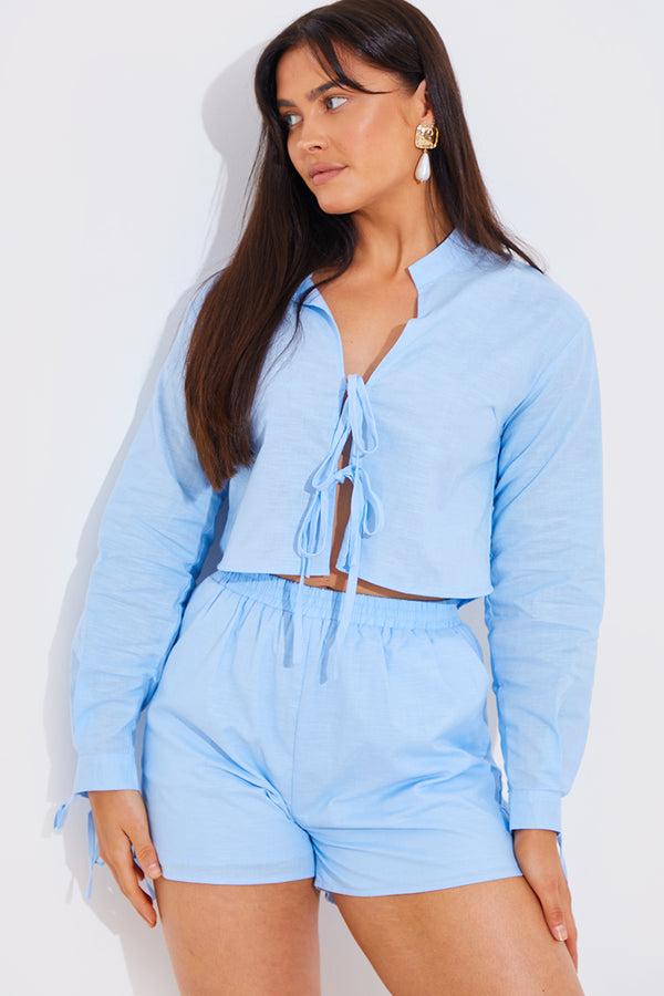 in the style In the Style Cropped Tie Front Linen Look Co-Ord Shirt Blue