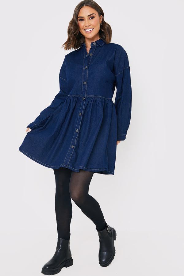 In The Style In The Style Dark Wash Denim Mini Smock Shirt Dress Denim