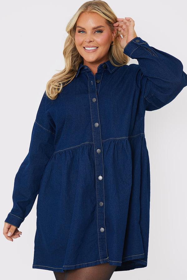 In The Style In The Style Dark Wash Denim Mini Smock Shirt Dress Denim