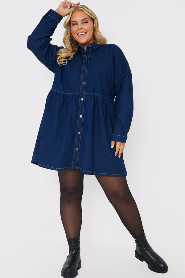 In The Style In The Style Dark Wash Denim Mini Smock Shirt Dress Denim