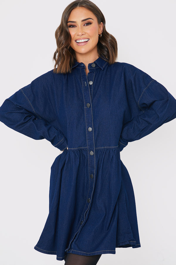 in the style In the Style Dark Wash Denim Mini Smock Shirt Dress Denim