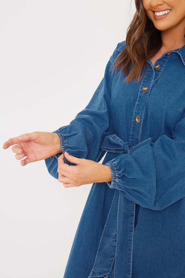 In The Style In The Style Denim Belted Tiered Midaxi Shirt Dress Blue