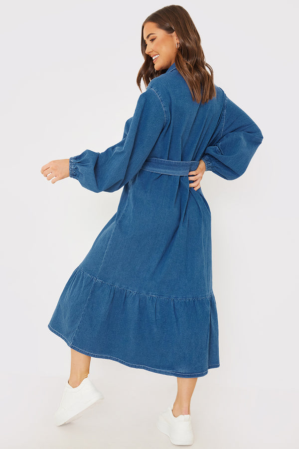 In The Style In The Style Denim Belted Tiered Midaxi Shirt Dress Blue