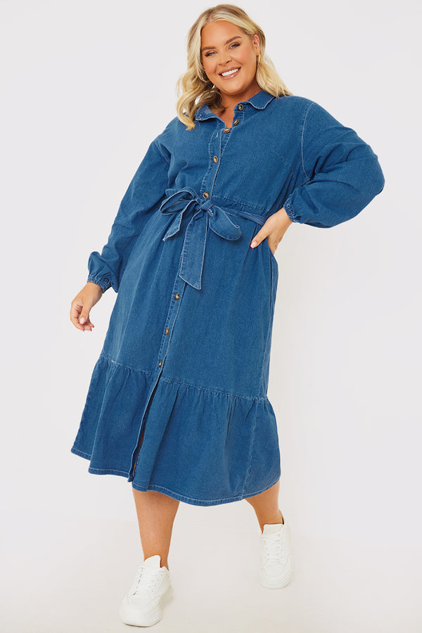 In The Style In The Style Denim Belted Tiered Midaxi Shirt Dress Blue