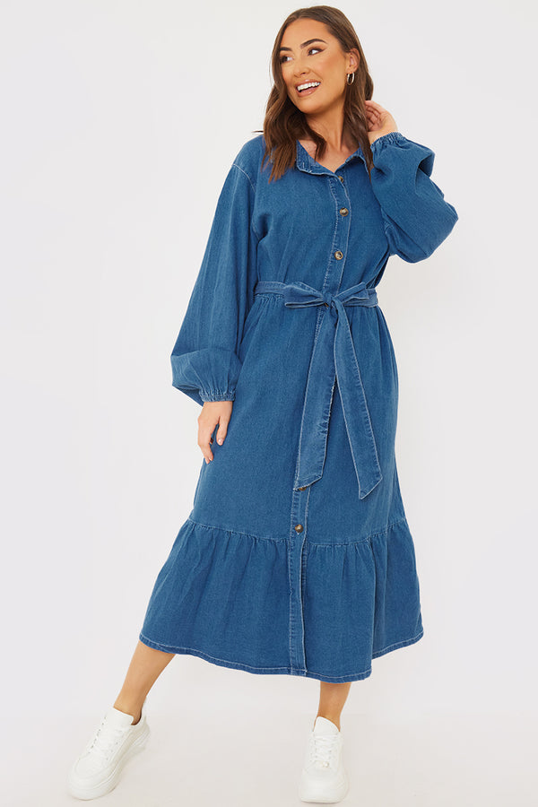 in the style In the Style Denim Belted Tiered Midaxi Shirt Dress Blue