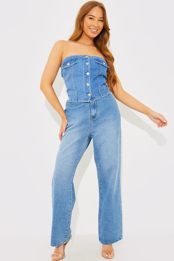 In The Style In The Style Denim Button Through Bandeau Top Blue