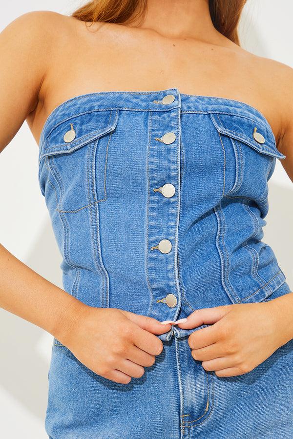 In The Style In The Style Denim Button Through Bandeau Top Blue