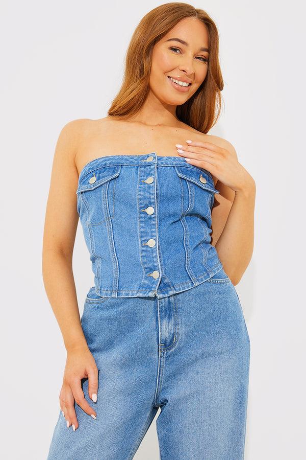 in the style In The Style Denim Button Through Bandeau Top Blue