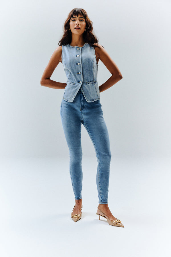 In The Style In The Style Denim Crew Neck Waistcoat Blue
