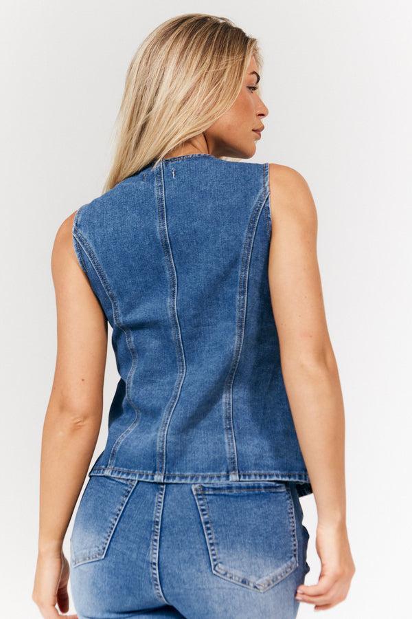 In The Style In The Style Denim Crew Neck Waistcoat Midblue