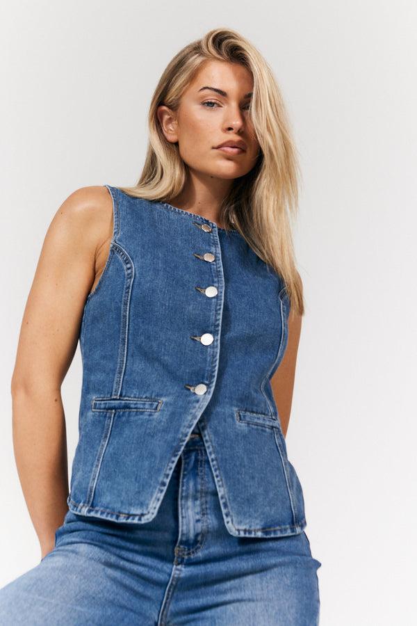 in the style In The Style Denim Crew Neck Waistcoat Midblue