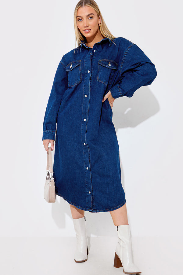 in the style In The Style Denim Midi Shirt Dress Blue