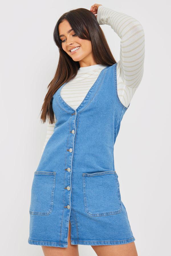 in the style In the Style DENIM PINAFORE DRESS Blue