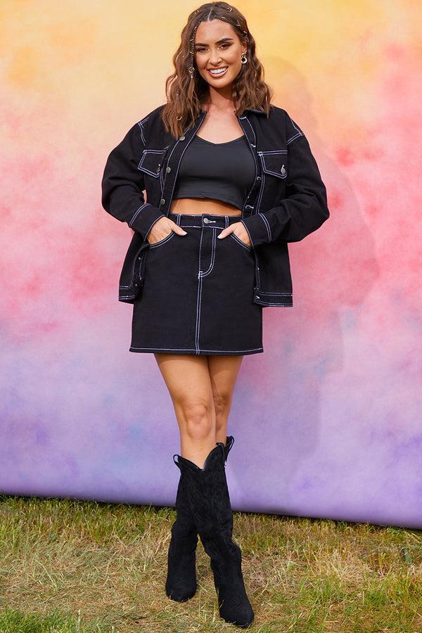 In The Style In The Style Denim Skirt With Contrast Stitching Co Ord Black