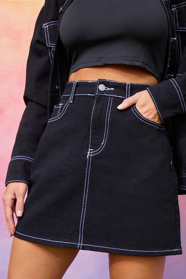 In The Style In The Style Denim Skirt With Contrast Stitching Co Ord Black