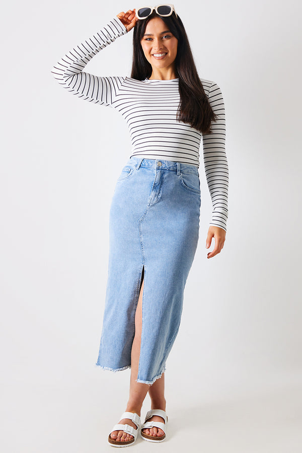 in the style In the Style Denim Split Detail Midi Skirt Blue