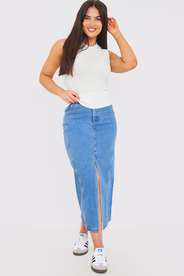 in the style In the Style Denim Split Midaxi Skirt Blue