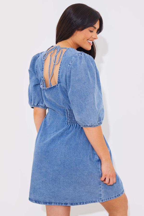 In The Style In The Style Denim V Neck Shirred Waist Tie Back Mini Dress Blue
