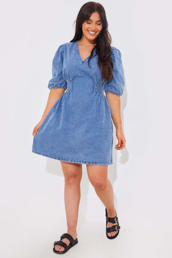 in the style In The Style Denim V Neck Shirred Waist Tie Back Mini Dress Blue