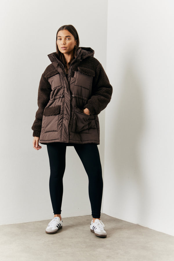 In The Style In The Style Detachable Hood Borg Puffer Coat Brown