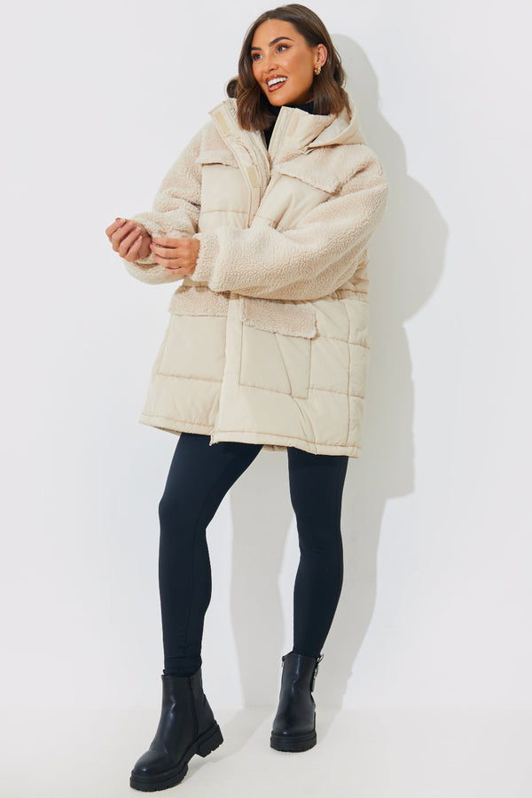 In The Style In The Style Detachable Hood Borg Puffer Coat Cream