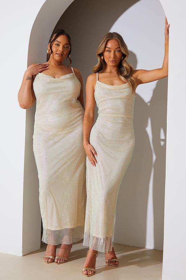 In The Style In The Style Diamante Strappy Mesh Maxi Dress Nude