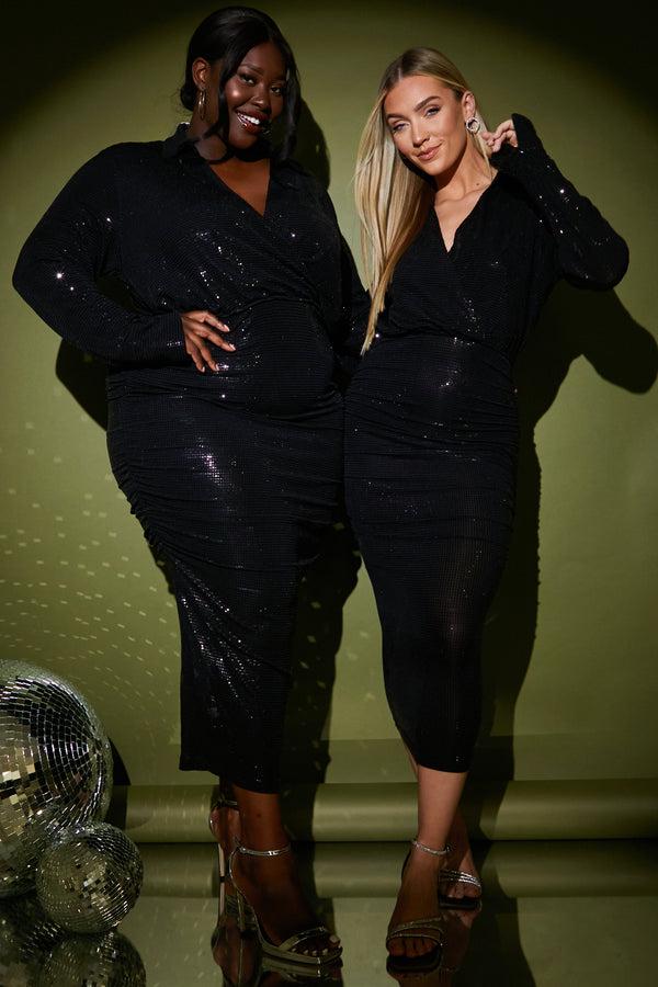 In The Style In The Style Disco Sequin Ruched Midaxi Dress Black